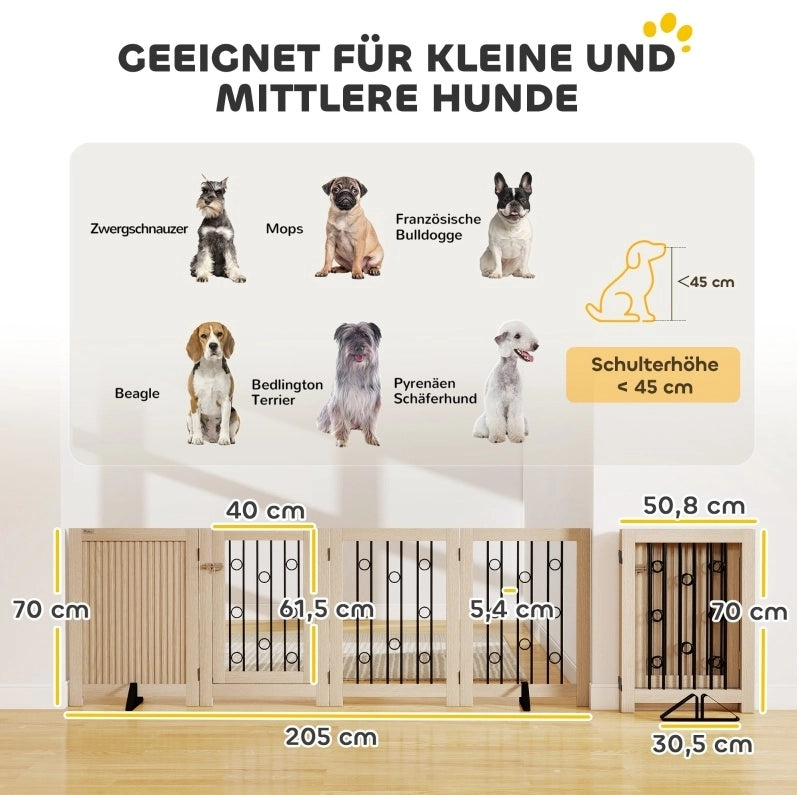 Cancelletto per cani pieghevole con porta in legno e acciaio naturale