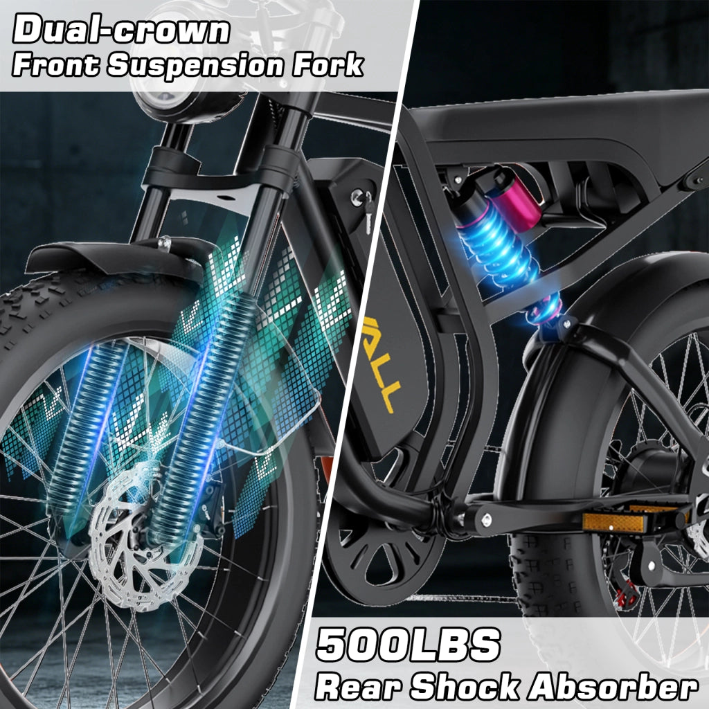 Bici Elettrica Fat Bike 20" Motore 250W (Picco 1500W), Batteria 52V 20Ah Autonomia 65km, Freni Idraulici Forcella Ammortizzata, Shimano 7 Marce Portata 150kg per Citt¨¤ e Fuoristrada