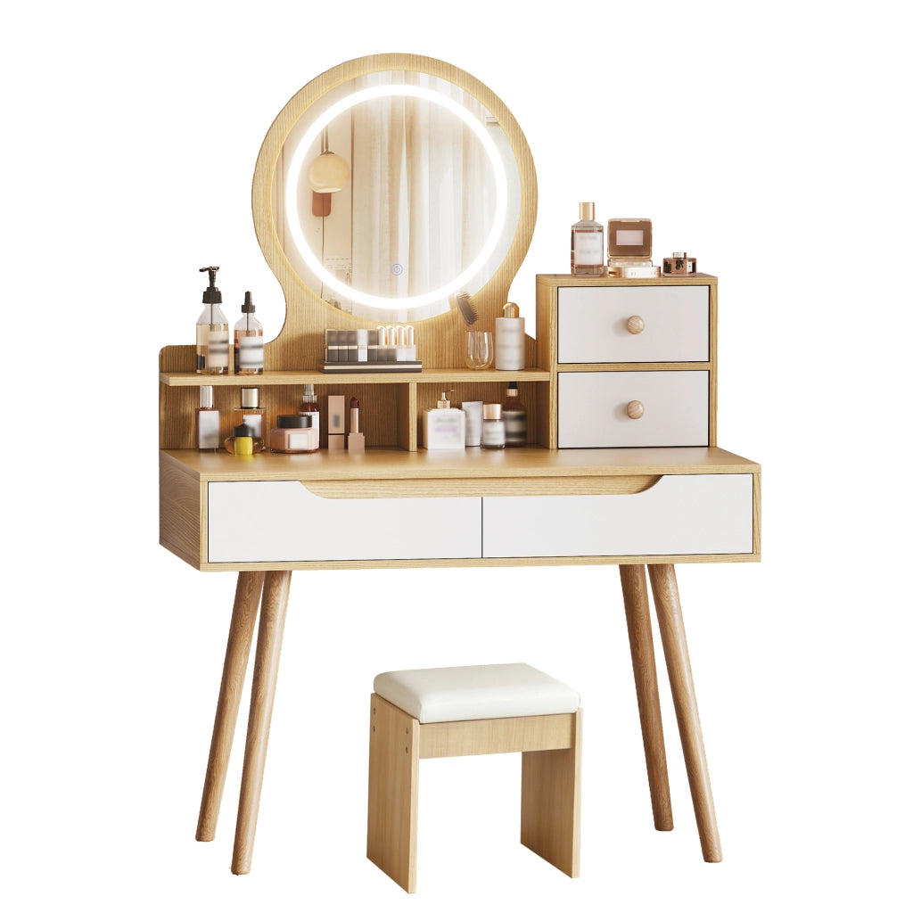 Set da toeletta con sgabello imbottito, specchio con illuminazione a LED, 2 cassetti e finitura effetto legno