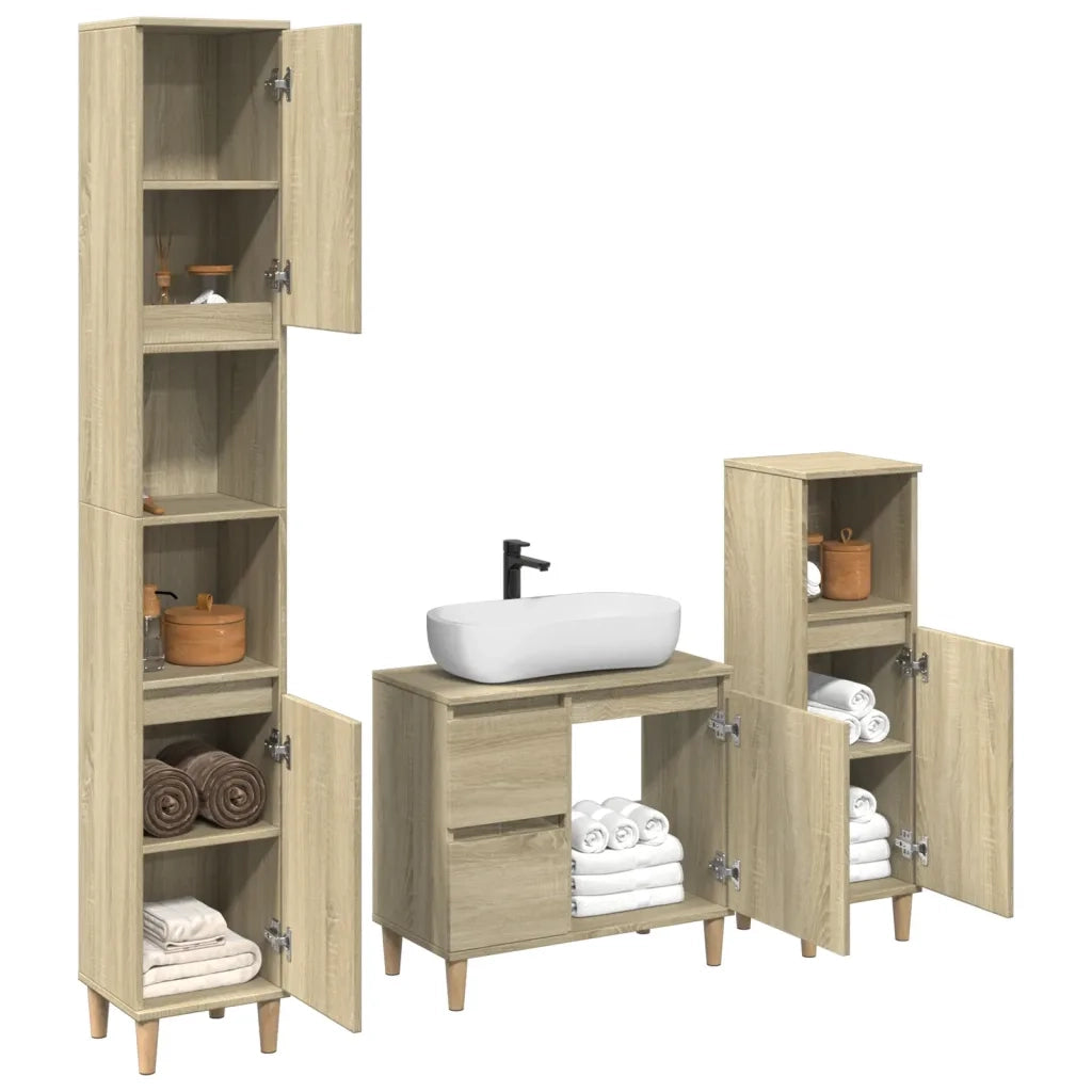 Set Mobili da Bagno | Armadio da bagno 3 pz Rovere Sonoma in Legno Multistrato