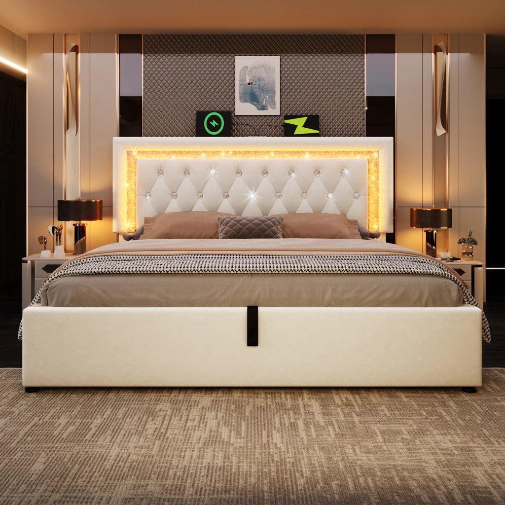 OKWISH Letto Contenitore 160×200 cm, Letto Matrimoniale con LED Regolabile, USB, Type C e Testiera Trapuntata, senza Materasso, Velluto, Beige