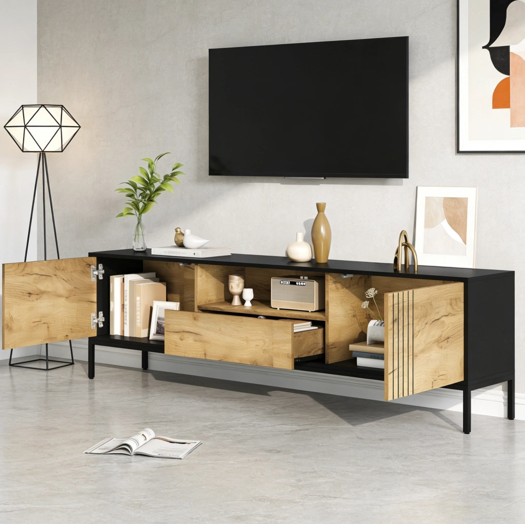Mobile TV basso 170x35x50 cm per TV fino a 70 pollici; in truciolare; rovere e nero