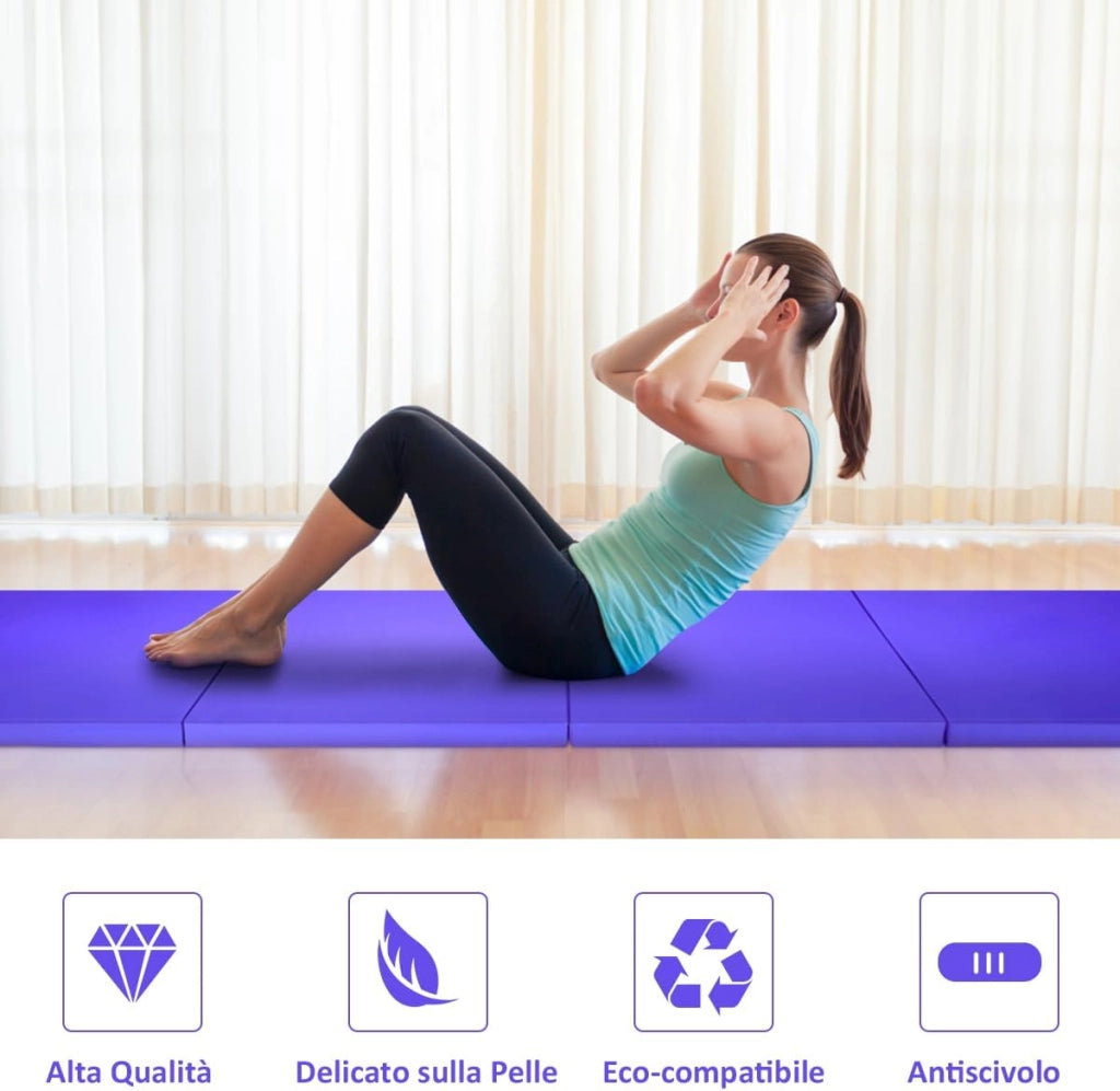 Tappetini da Ginnastica Pieghevoli 300 x 116 x 5 CM con Ganci e Maniglia Comoda Pelle PU, Ideale per Arti Marziali/Ginnastica/Pilates, Viola
