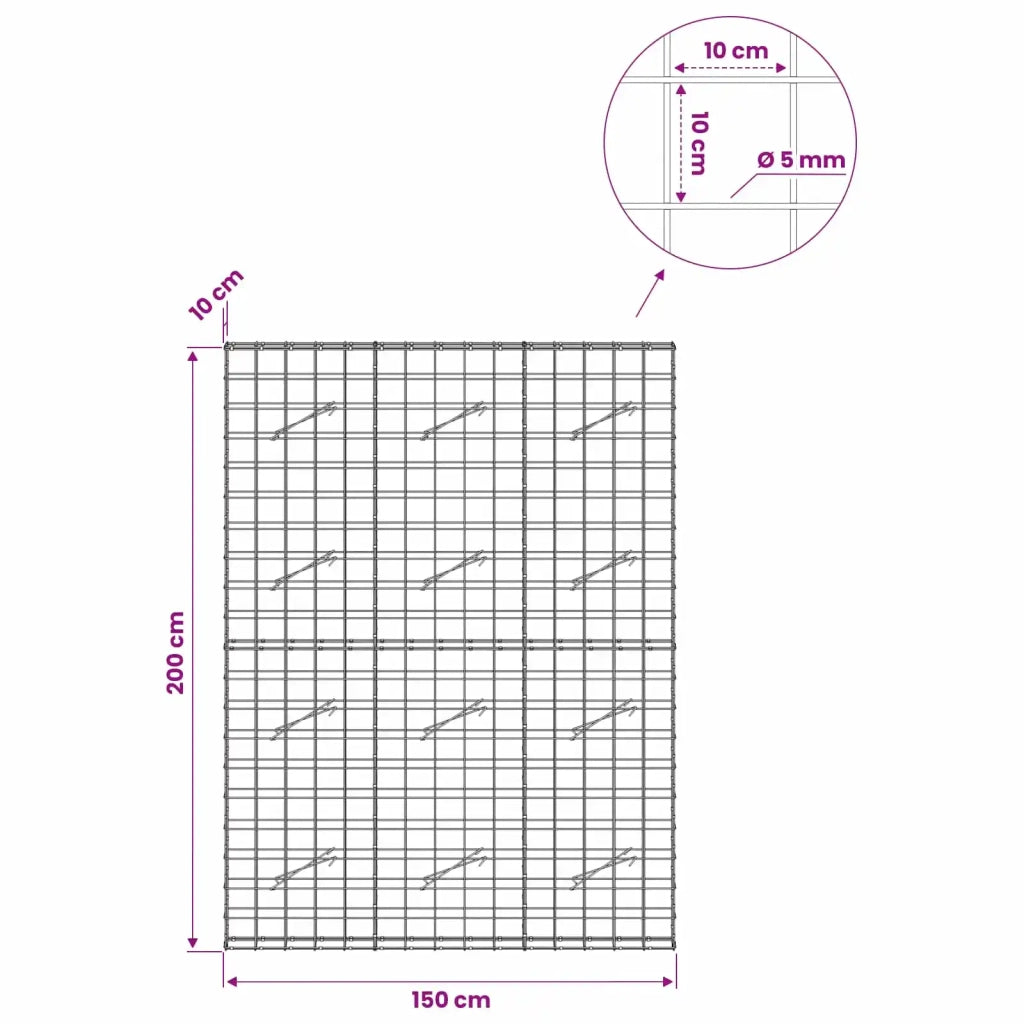 Gabione con filo da 5 mm e rete 10x10 cm 150x10x200 cm 3464973
