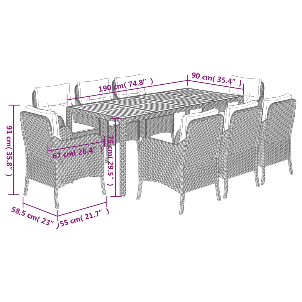 Set da Pranzo da Giardino 9 pz con Cuscini in Polyrattan Grigio 3211877