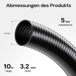 Tubo spiralato per aspirazione, nero, da 10m 38mm (1 1/2") per pompa da laghetto