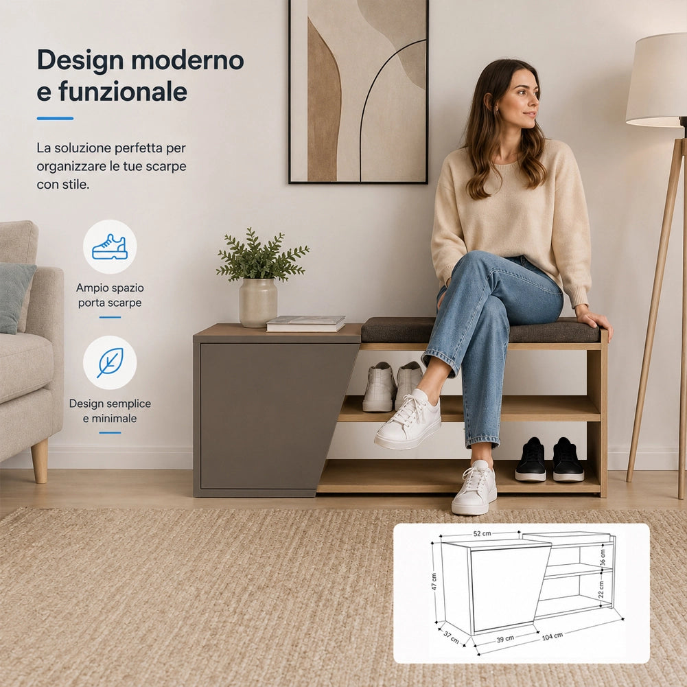 Panca Scarpiera Ingresso Casa 2 Ripiani Porta Scarpe con Anta e Cuscino Moka
