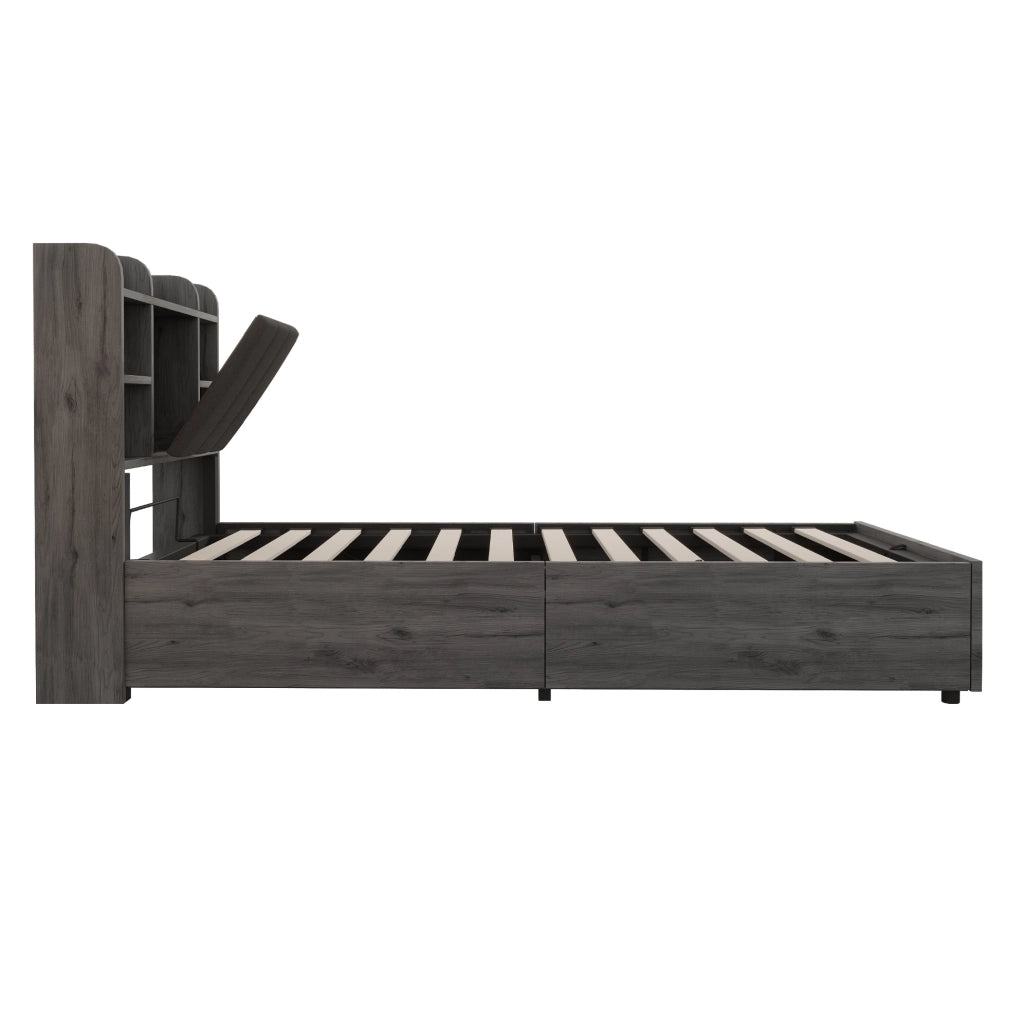 Letto singolo 90x200 cm con contenitore idraulico, USB e Type-C, grigio