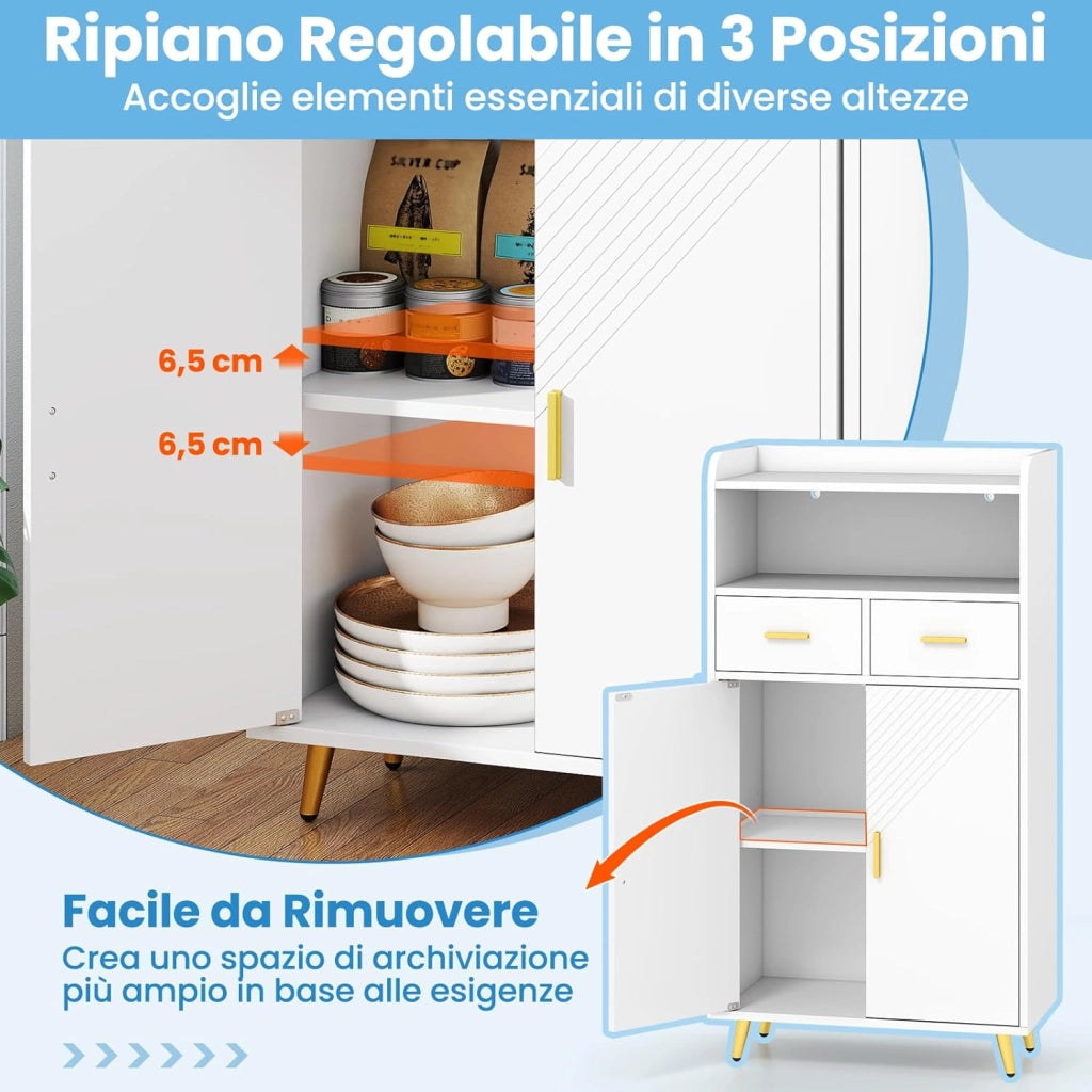 Mobiletto Bagno Salvaspazio 60 x 30 x 113 cm, Credenza Soggiorno con Ante, 2 Cassetti e Ripiano Regolabile, Armadietto da Cucina per Sala da Pranzo e Lavanderia (Bianco)