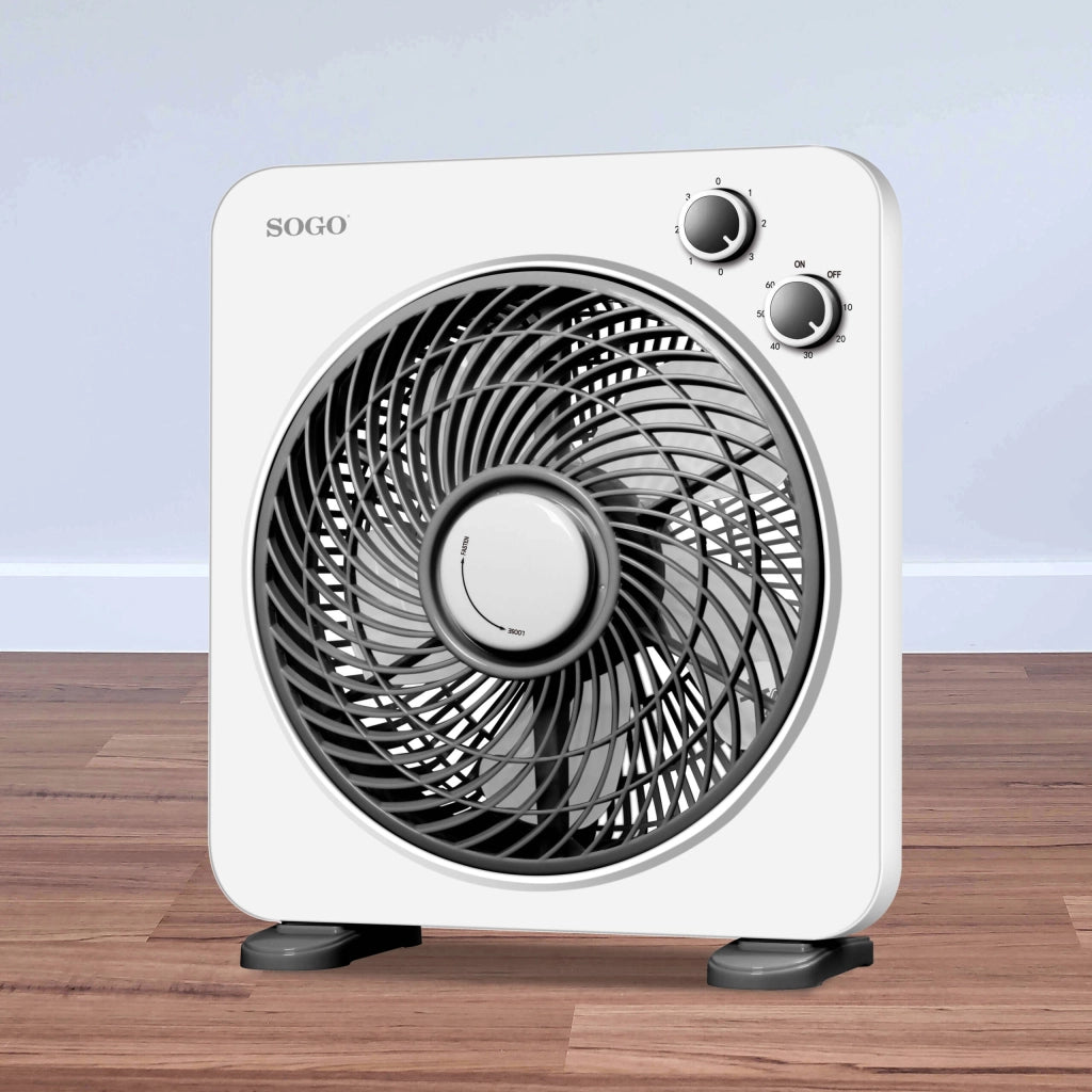 Ventilatore box da tavolo 25cm, 5 pale, 3 velocità, timer 1 ora, griglia orientabile multidirezionale 45W - SOGO
