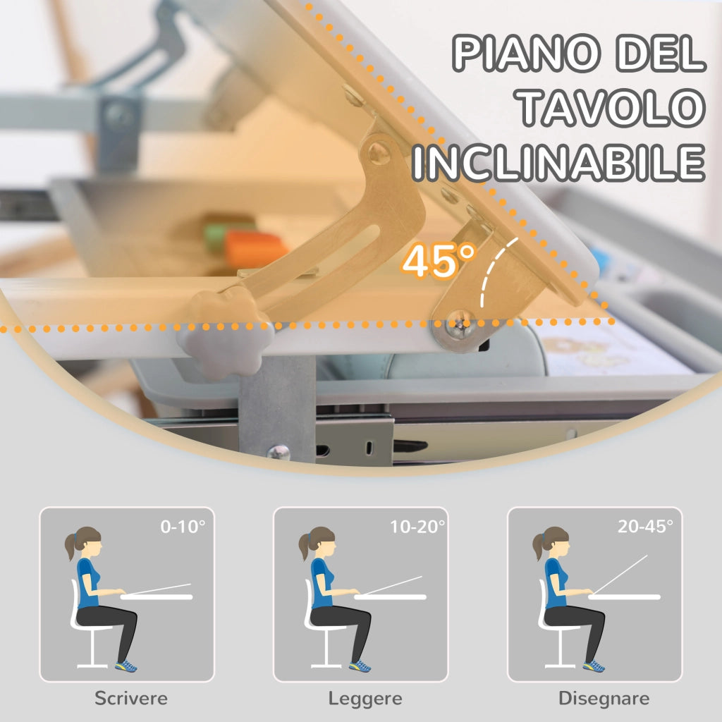 Scrivania Bambini con Sedia e Altezza Regolabile ¨C Zephmum ¨C Grigio, Legno, 66x47x52-77 cm