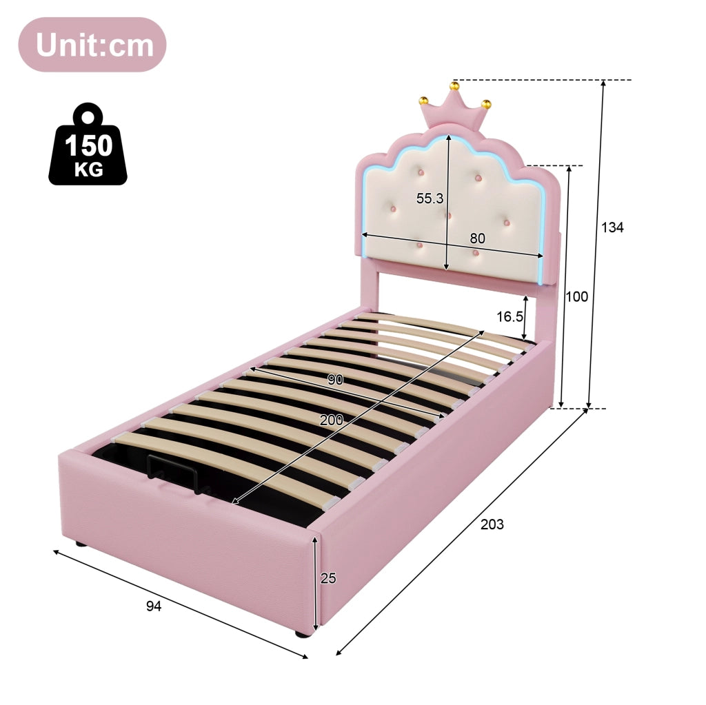 Letto imbottito ULEVR 90x200 cm con contenitore idraulico, LED con telecomando e rete a doghe, rosa