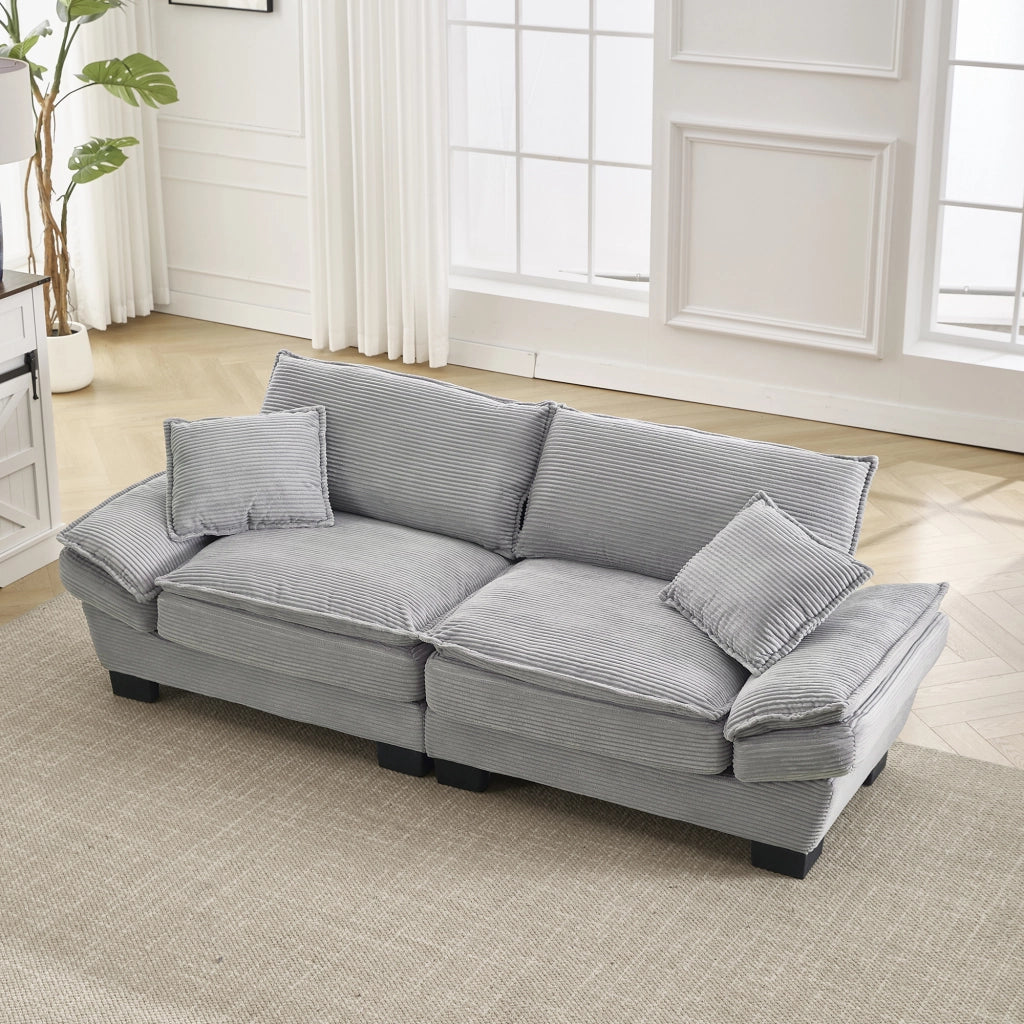 OKWISH Divano Lineare 2 Posti, Seduta Extra Profonda con Braccioli Imbottiti e 2 Cuscini, Velluto Grigio Chiaro, 224 × 81 × 81 cm