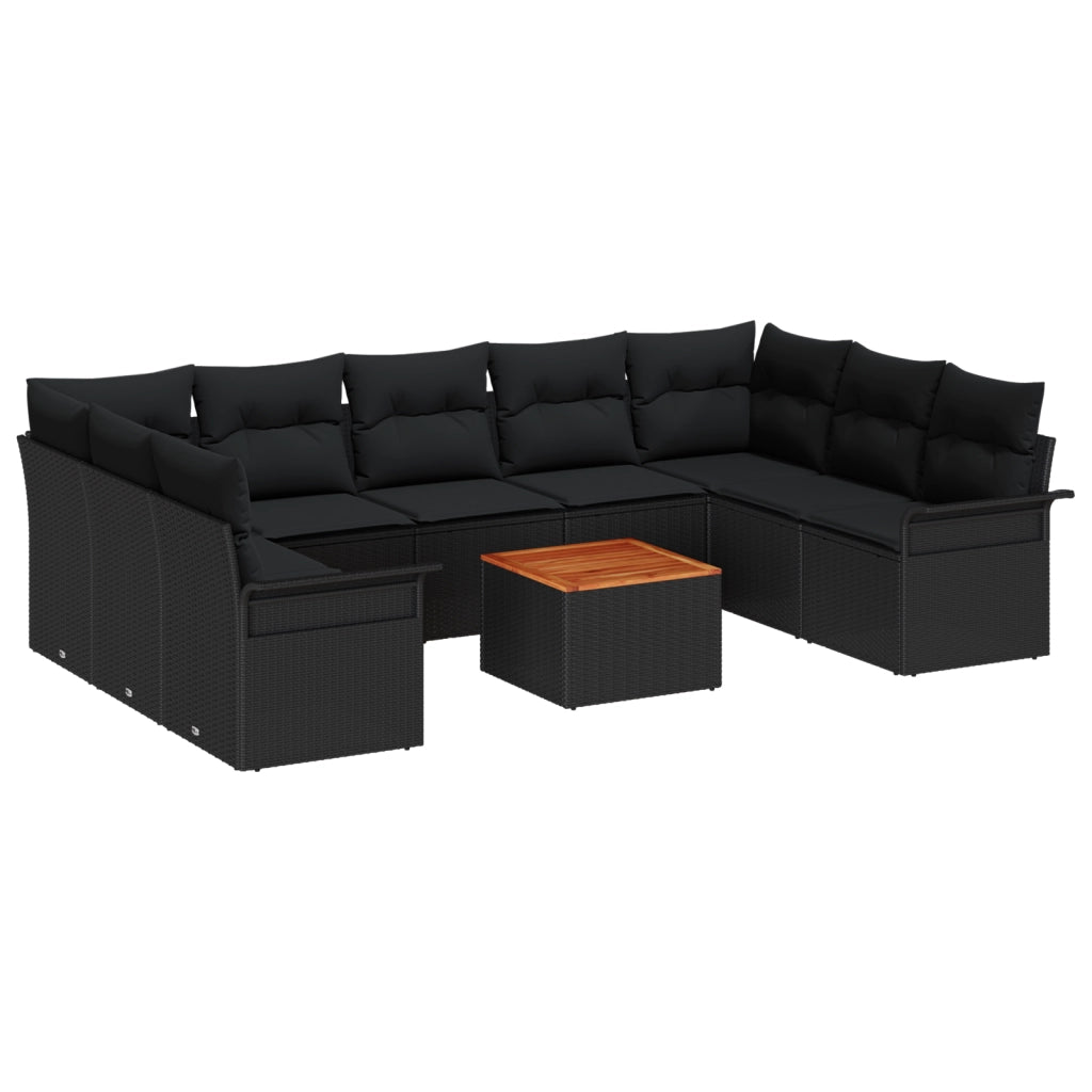 Set di divani da giardino con cuscini neri in polyrattan acacia