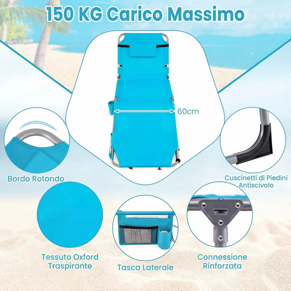 Lettino Prendisole Pieghevole Portatile, Lettino da Spiaggia con Fori per Viso e Braccia, Cuscino Poggiatesta e Tasca, Schienale Regolabile, per Mare e Piscina, Portata 180 kg (Turchese)