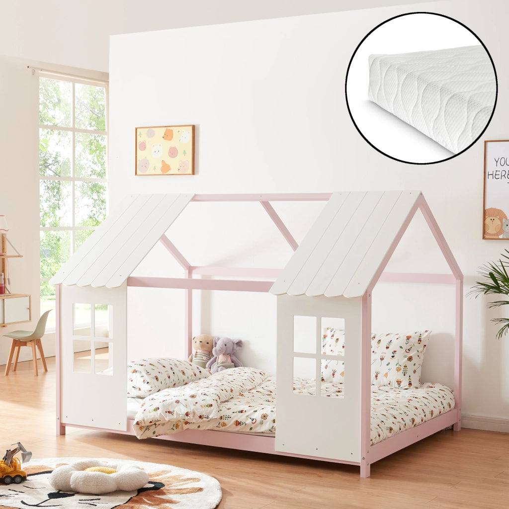 Letto Tostedt per Cameretta a Forma di Casetta con Materasso 120 x 200 Rosa / Bianco [en.casa]