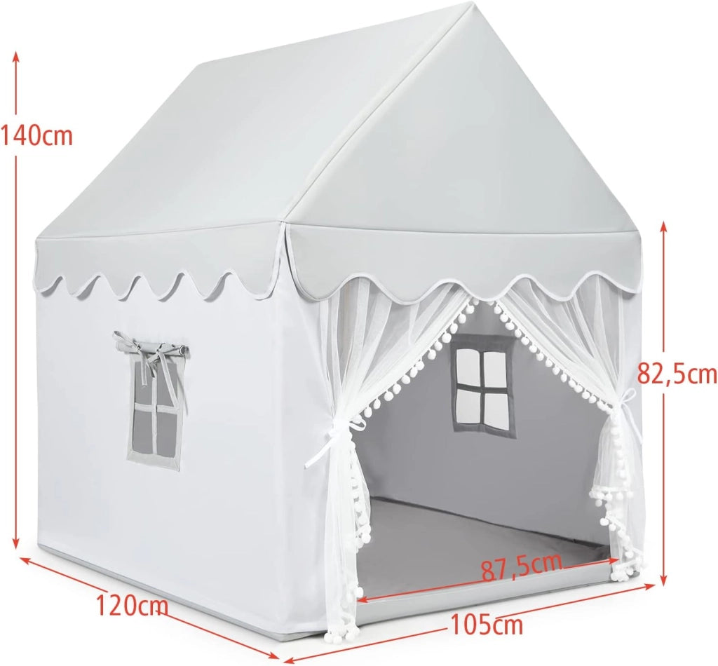 Tenda da Gioco per Bambini, Casetta per Bambini con Struttura in Solido Legno, Tappetino di Cotone, Tenda a Rete e Finestre, 105x120x140 cm (grigio)