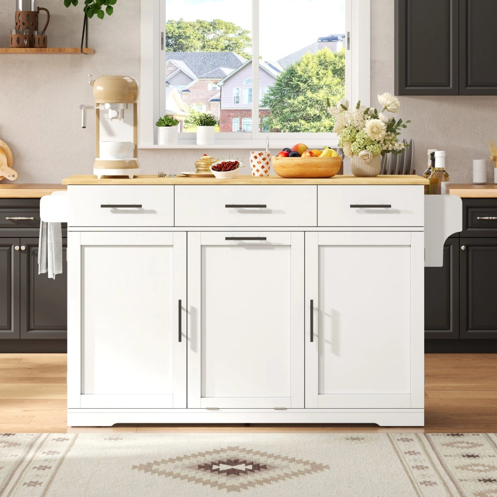 Isola da cucina mobile in MDF con 3 cassetti; vano rifiuti; prese USB e ruote; 136 × 50 (75) × 92 cm