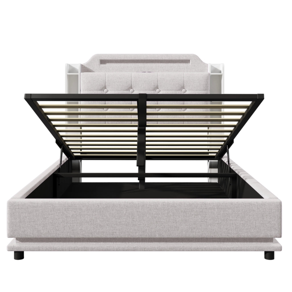 Letto matrimoniale imbottito 140x200 cm in lino beige con LED; contenitore idraulico e porte USB + Type-C