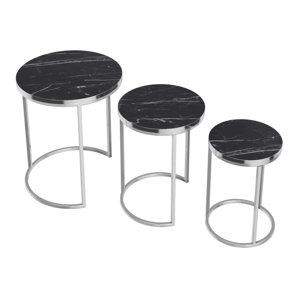 Set di 3 tavolini rotondi impilabili in marmo nero e argento 03_0008378