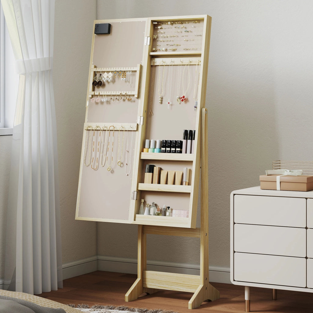 Armadio Joyero con Specchio e Luci LED ¨C zephmum ¨C Legno Naturale, Bianco, 90x51x