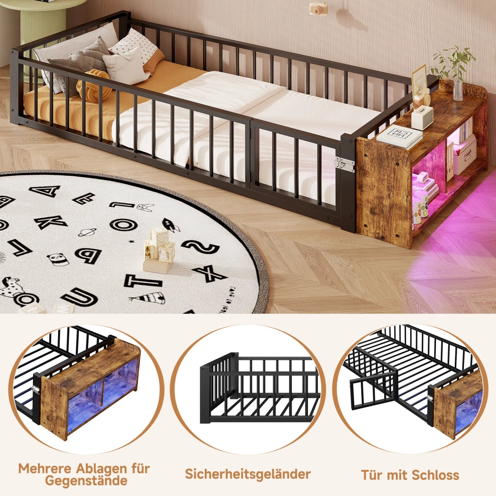 Letto in metallo con cassetti LED 90x200 MDF nero e metallo