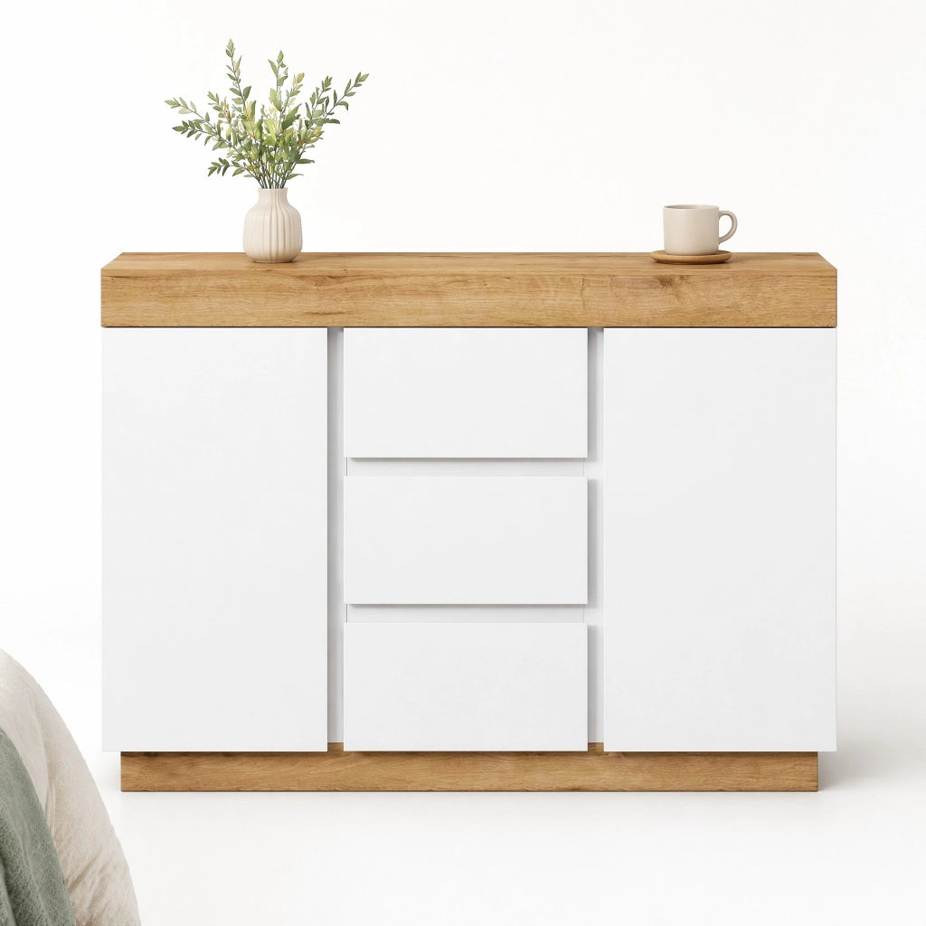 Cassettiera con 3 cassetti e 2 ante, mobile contenitore in truciolare E1, bianco e effetto rovere