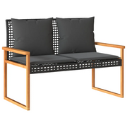 Panchina da Giardino | Panca da Giardino con Cuscino Nera in Polyrattan e Legno Acacia