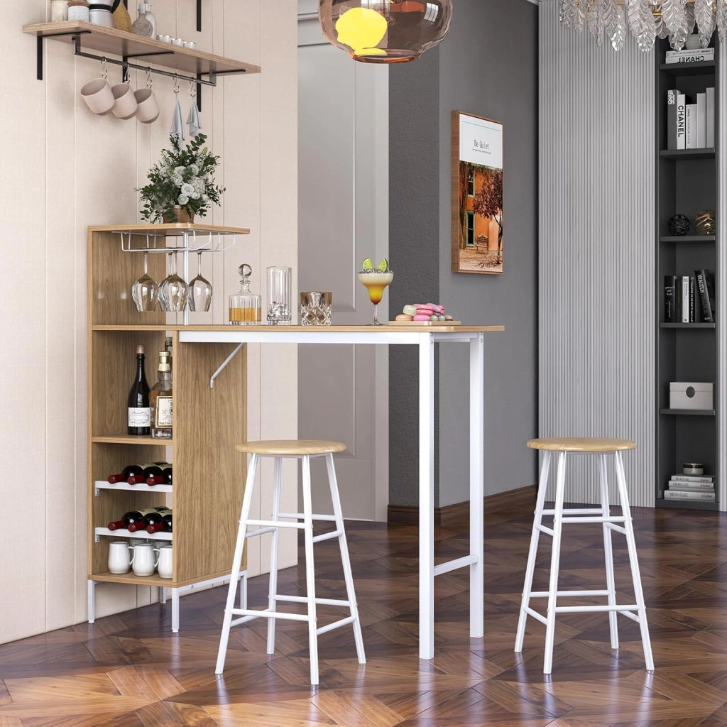 Set 3 Pezzi Tavolo e Sedie da Bar, Tavolo e Sgabelli da Pub Industriale con Porta Calici e 6 Portabottiglie da Vino, Set di Tavolo per Sala da Pranzo, Ristorante e Bar (Legno)