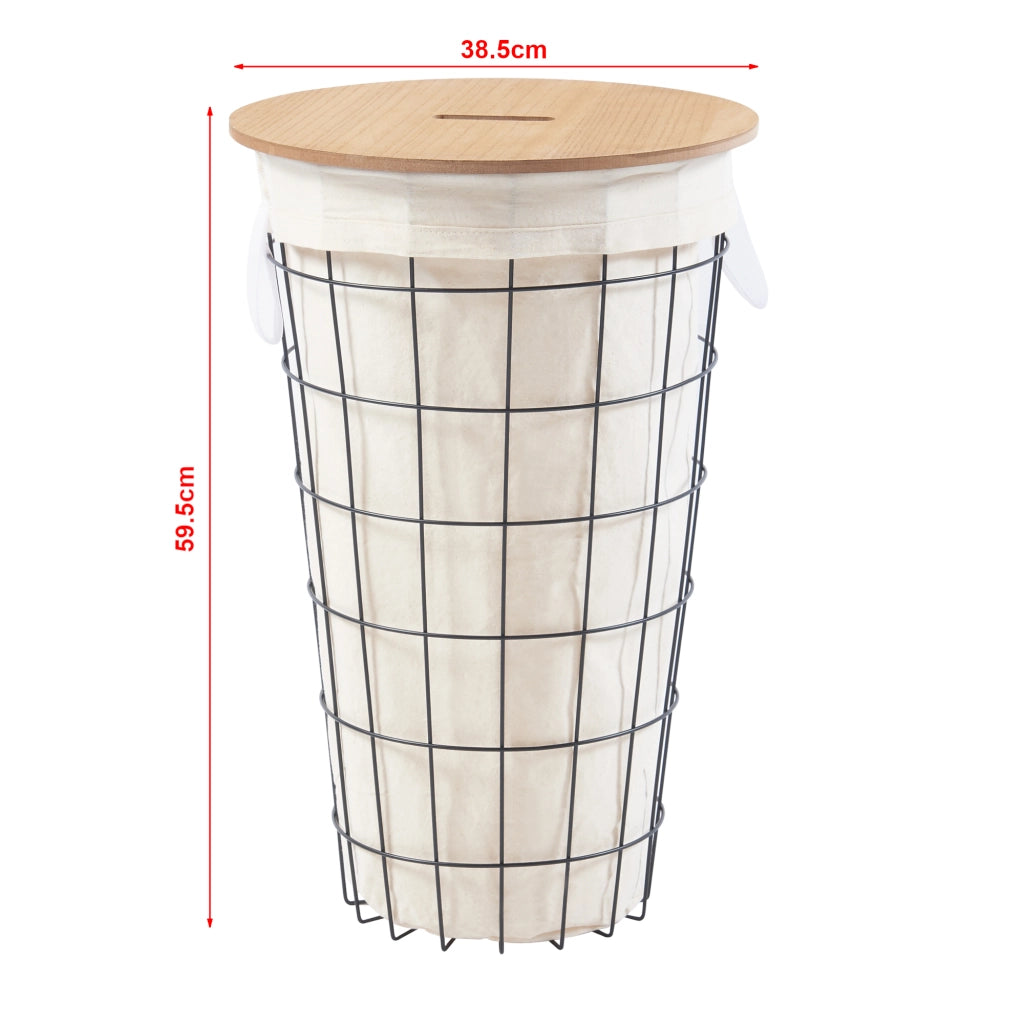 Cesto per Bucato 'Skive' Portabiancheria in Metallo con Coperchio in MDF e Sacco in Tessuto - Capienza 40 L [en.casa]