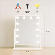 SPECCHIO RETTANGOLARE  HOLLYWOOD DA TAVOLO CON 12 LED CON 3 LUCI REGOLABILI, ACCENSIONE TOUCH CON SPINA DIMENSIONE 30X40 CM