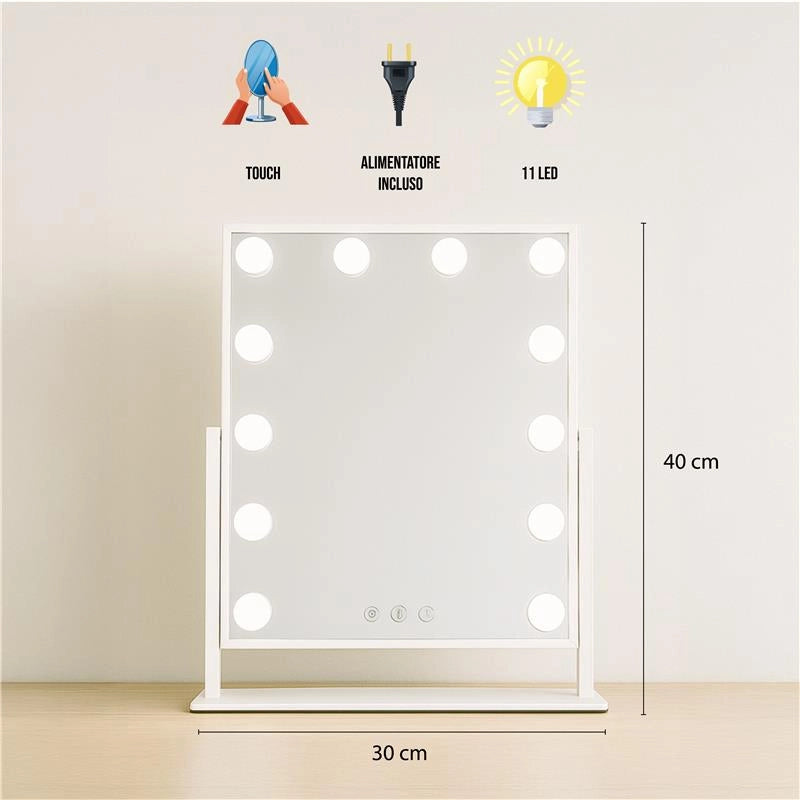 SPECCHIO RETTANGOLARE  HOLLYWOOD DA TAVOLO CON 12 LED CON 3 LUCI REGOLABILI, ACCENSIONE TOUCH CON SPINA DIMENSIONE 30X40 CM