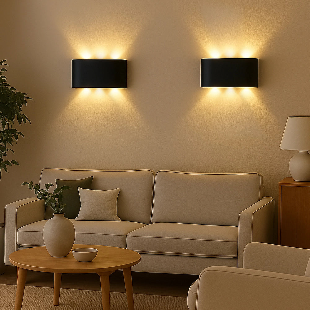 Set 2 Applique da Muro 6 Led Lampada a Parete Nero Luce Bianco Caldo 17x8x4cm