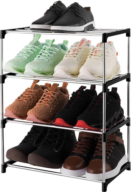 Organizzatore di scarpe 4 livelli stivale in legno con cassetta per scarpe in legno, organizzatore di scarpe per ingresso e armadio, nero