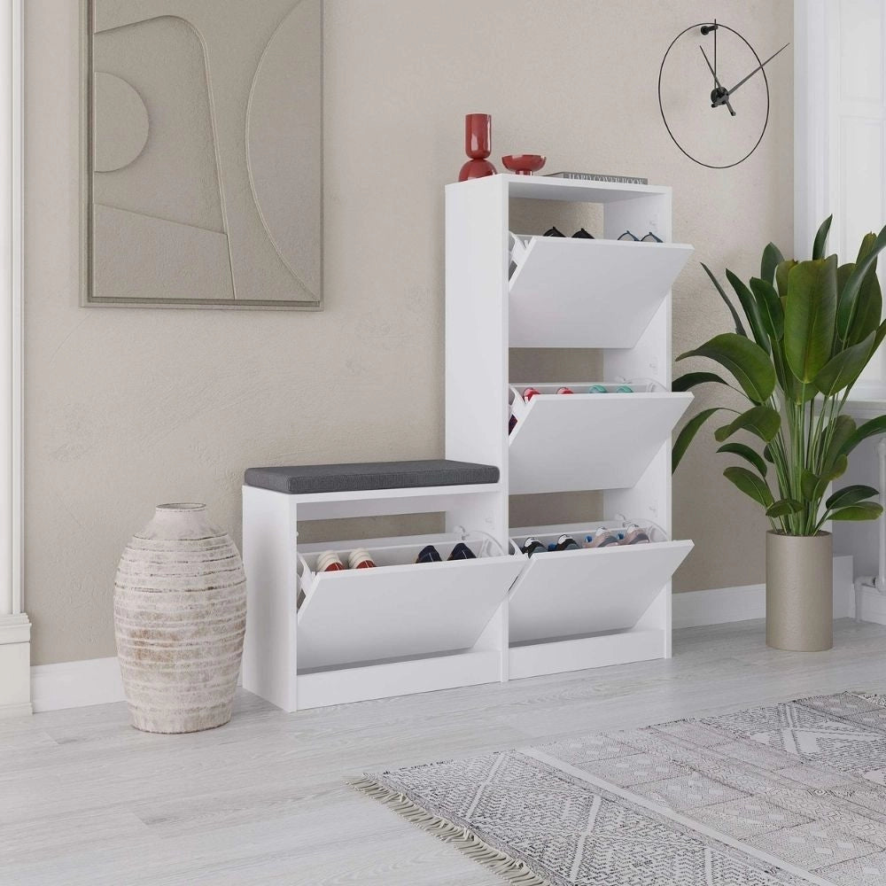 Scarpiera con panca Dude a 4 ante a ribalta colore bianco 105x26x118.5H