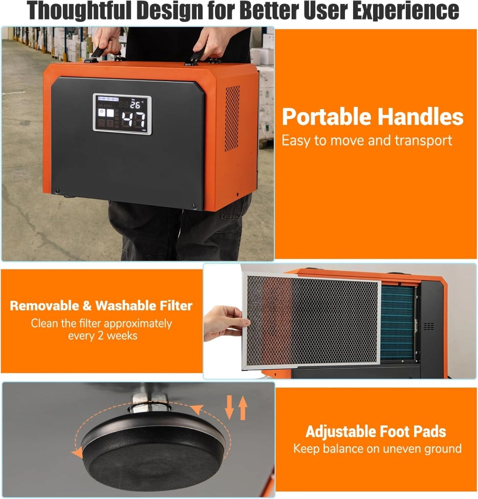 Deumidificatore Elettrico Professionale 750W, 60L/Giorno Max, 450m³/H, con Timer 24 Ore, Filtro Rimovibile e Lavabile, Protezione Alta/Bassa Temperatura, per Cantina, Magazzino, Box Auto