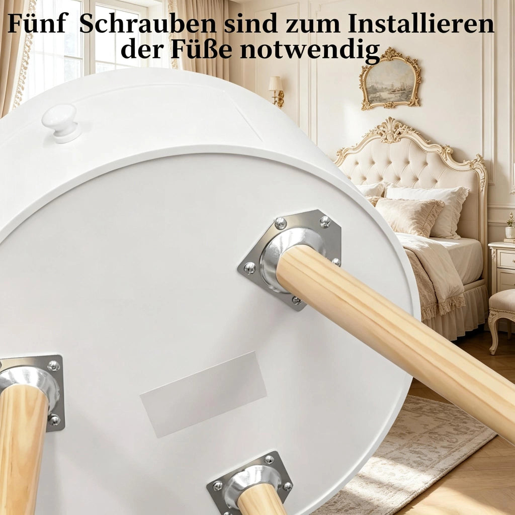 Comodino rotondo con cassetto e piano rialzato in MDF e legno, bianco e legno chiaro 38 × 38 × 45 cm
