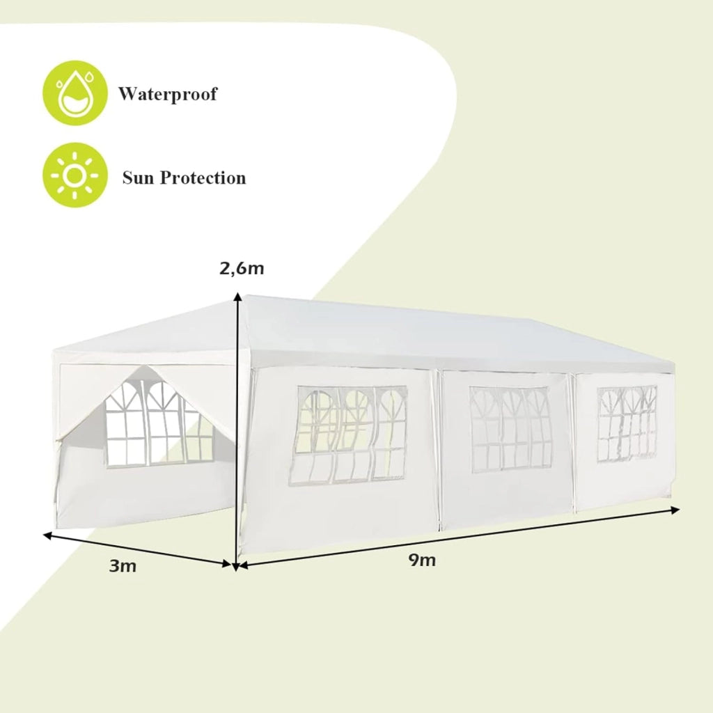 Gazebo da Giardino, 3 x 9 m, con 8 Pareti Laterali, Gazebo Pieghevole in Metallo, Tenda da Birra, con Protezione UV, per Feste, Matrimoni, Bianco