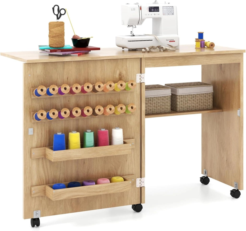 Tavolo Cucire con Ruote, Tavolino Cucito Pieghevole, Asse da Stiro Richiudibile, Mobile per Macchina da Cucire a Scomparsa, Allungabile a 3 Livelli, 58x40x78 cm, 2 Colori Disponibili