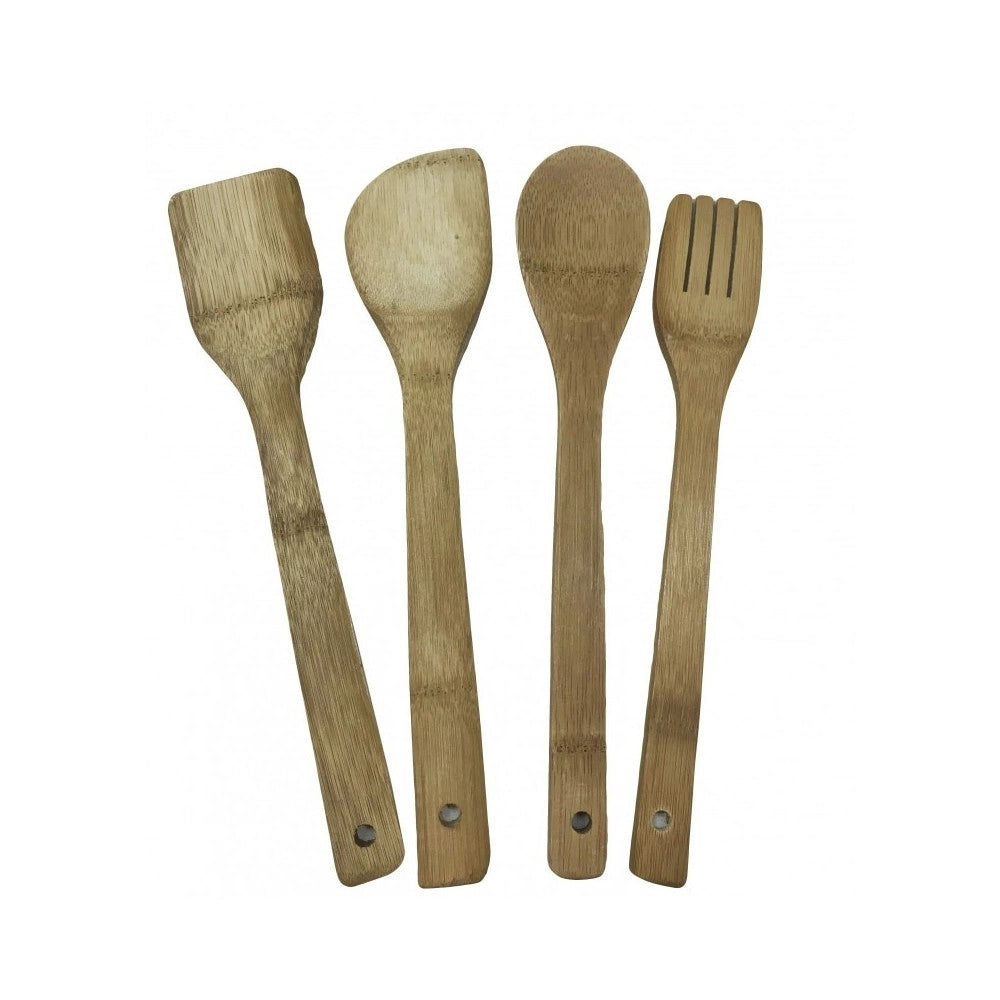 Trade Shop - Set 4 Utensili Da Cucina In Bamboo Legno Mestolo Forchettone Forchetta Spatola -