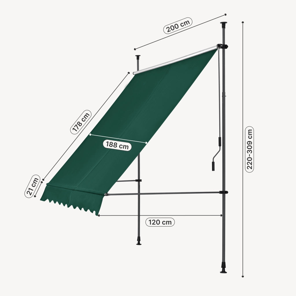 Tenda da Sole a Muro con Pali di Supporto Telescopici Parasole 200 x 120 cm (LxP) Verde Scuro pro.tec
