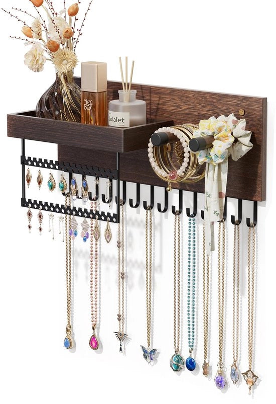 Organizzatore di accessori da appendere, cassettino per gioielli in legno con 15 ganci, appendiporta per collane, custodia per gioielli per appendere orecchini, orecchini, collane, bracciali - Nero