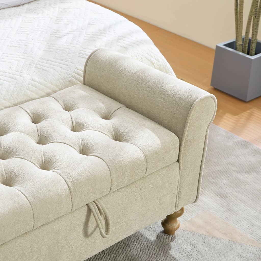 Panca da letto, panca per cambiarsi le scarpe, con vano portaoggetti, rivestimento in similpelle scamosciata, con braccioli, gambe in legno di gomma, color grigio-beige