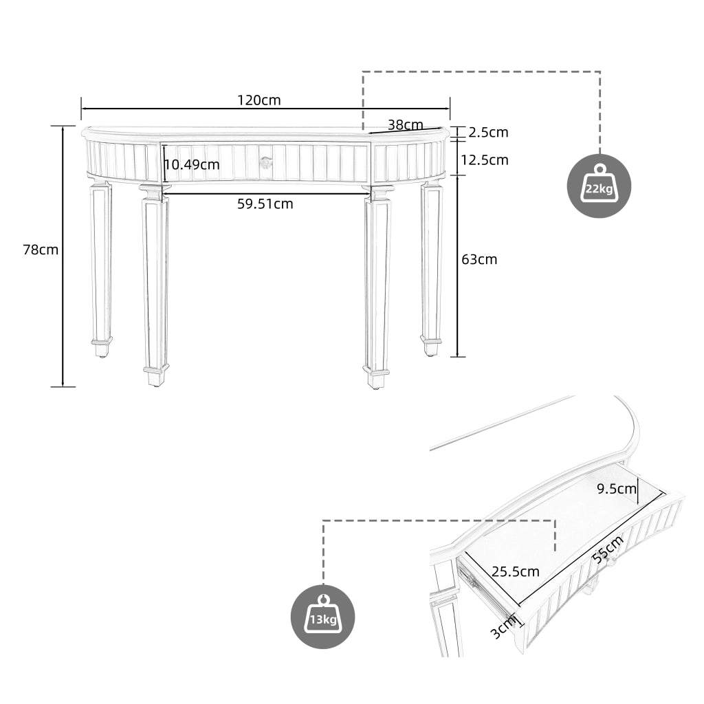 TAVOLO CONSOLLE MEZZALUNA 120 cm Grigio Argento in MDF e Vetro con Cassetto