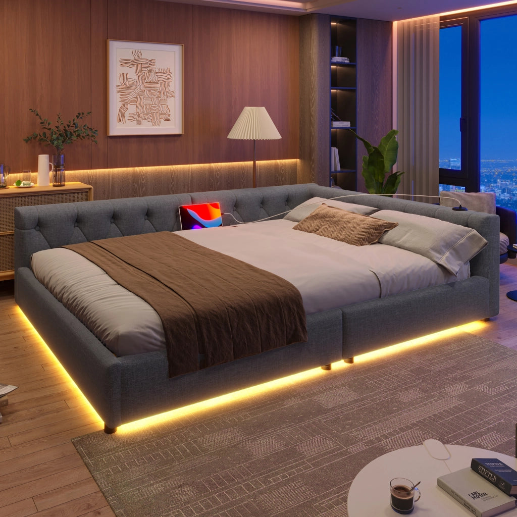 Divano letto con rete a doghe in lino grigio 140x200 cm