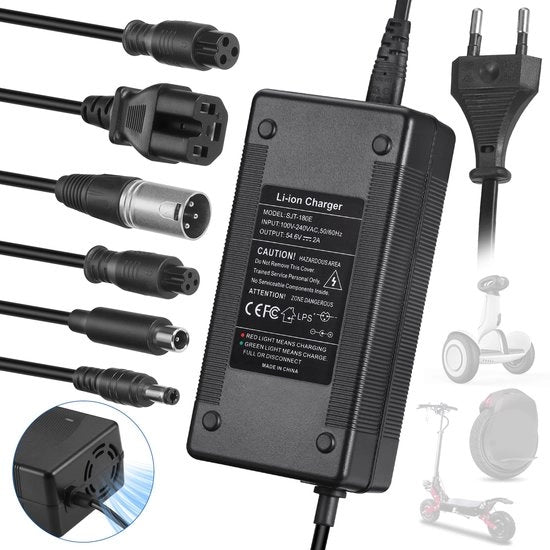 Caricatore universale per scooter elettrico - Adattatore AC universale - Funzione di ventilazione - 54,6 V 2 A - Adatto per hoverboard e driftboard - 6 A