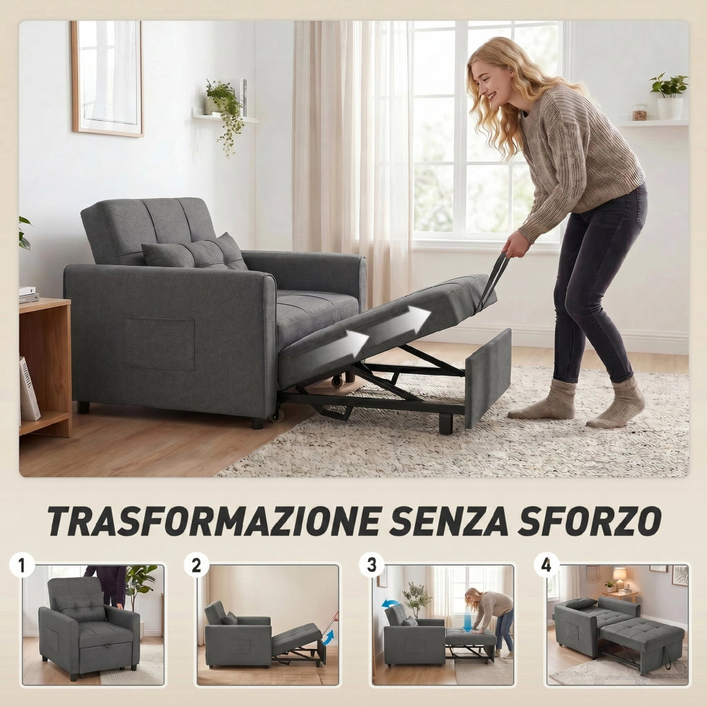 Poltrona Letto Singolo 69x82x85 cm con Schienale Reclinabile in Tessuto Effetto Lino e Legno Grigio