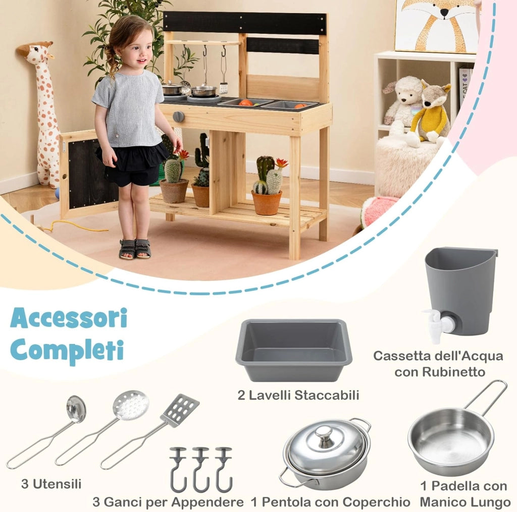 Cucina Giocattolo Bambini, Cucina da Esterno in Legno con 2 Lavandini Removibili, Piano Cottura e Utensili e Spazio di Archiviazione, 67 x 30 x 82 cm