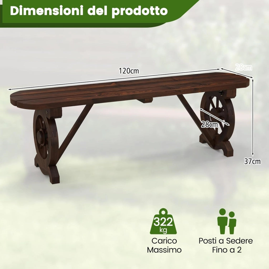 Panchina in Legno Rustico, Panchina da Esterno con Base a Ruota di Carro, Design Sedile a Doghe, Panchina a 2 Posti per Giardino, Balcone e Cortile, Portata 325 kg