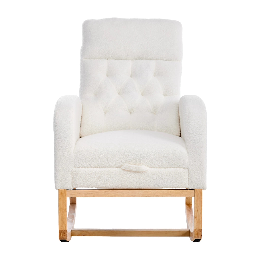 Sedia a dondolo 65.6x123x102 cm con poggiapiedi estraibile e tasche laterali in bouclé; legno; bianco